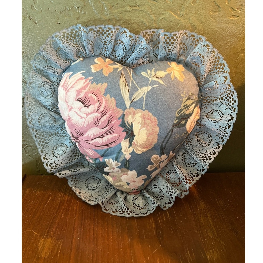 Vintage Handmade Heart Floral Lace Trim Decorative Pillow Cottage Grandmacore